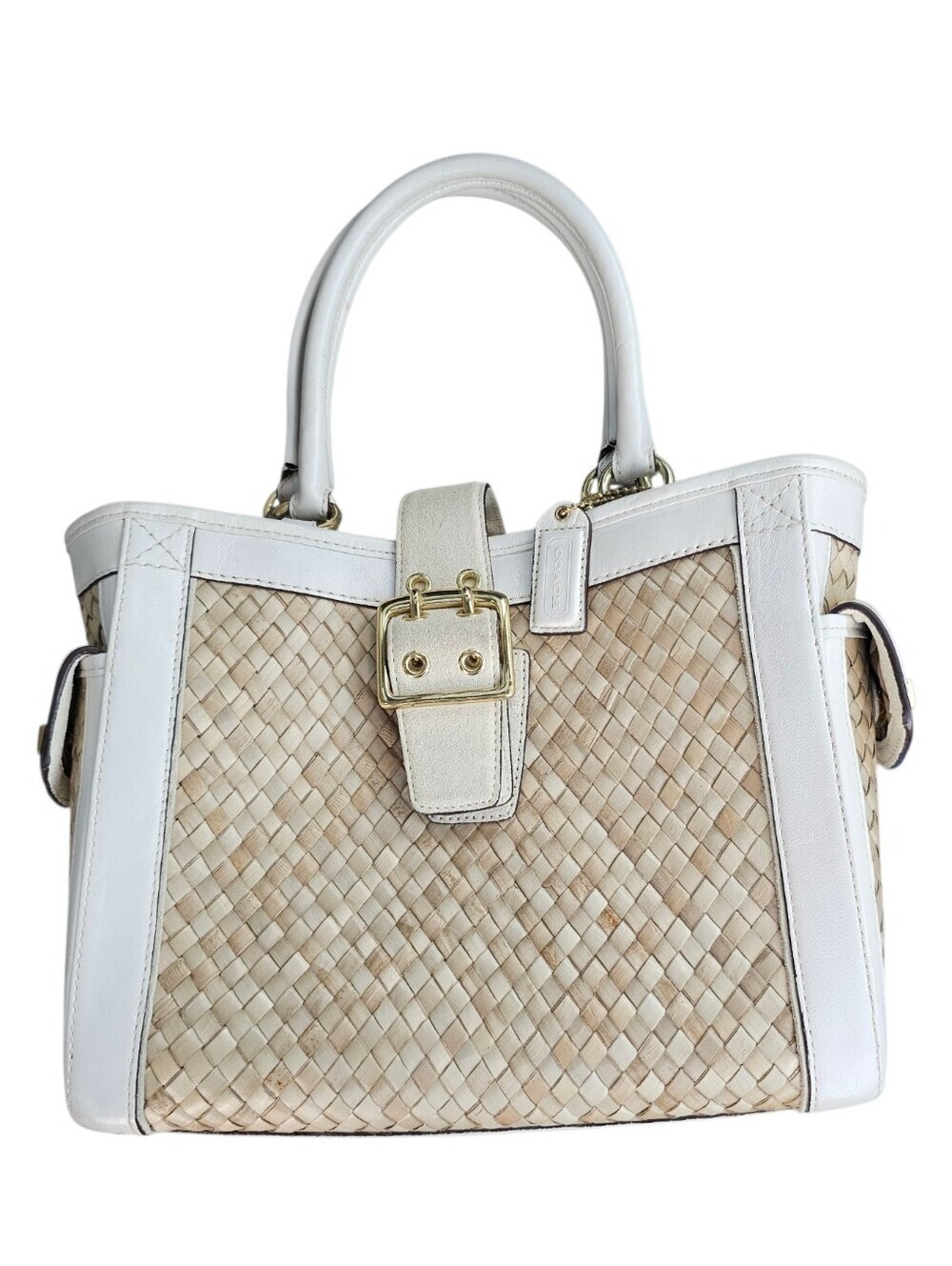 Vintage Y2K Coach 4419 Handbag Woven Straw and Leather Suede Trim Buckle